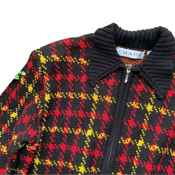 Chaus Merino Wool Blend Knit Plaid Sweater Jacket Black Red Yellow Size Large - Picture 3 of 6